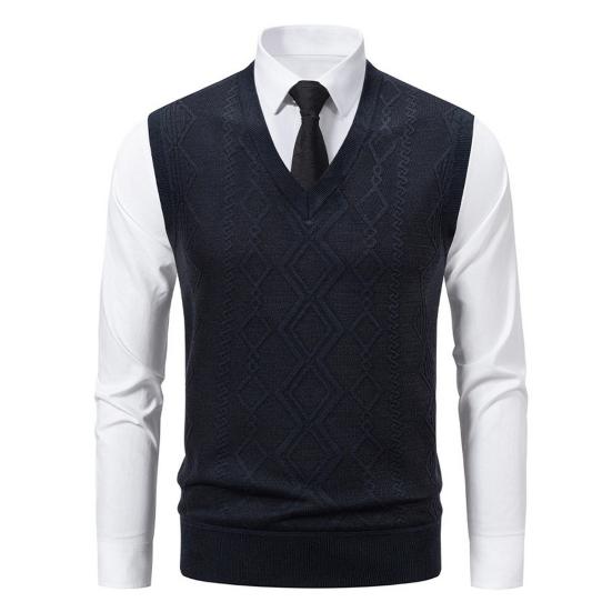 Men Knitting Vest V-Neck Sleeveless Rhombus Texture Sweater Vest Autumn Winter Solid Color Casual Vest Knitwear