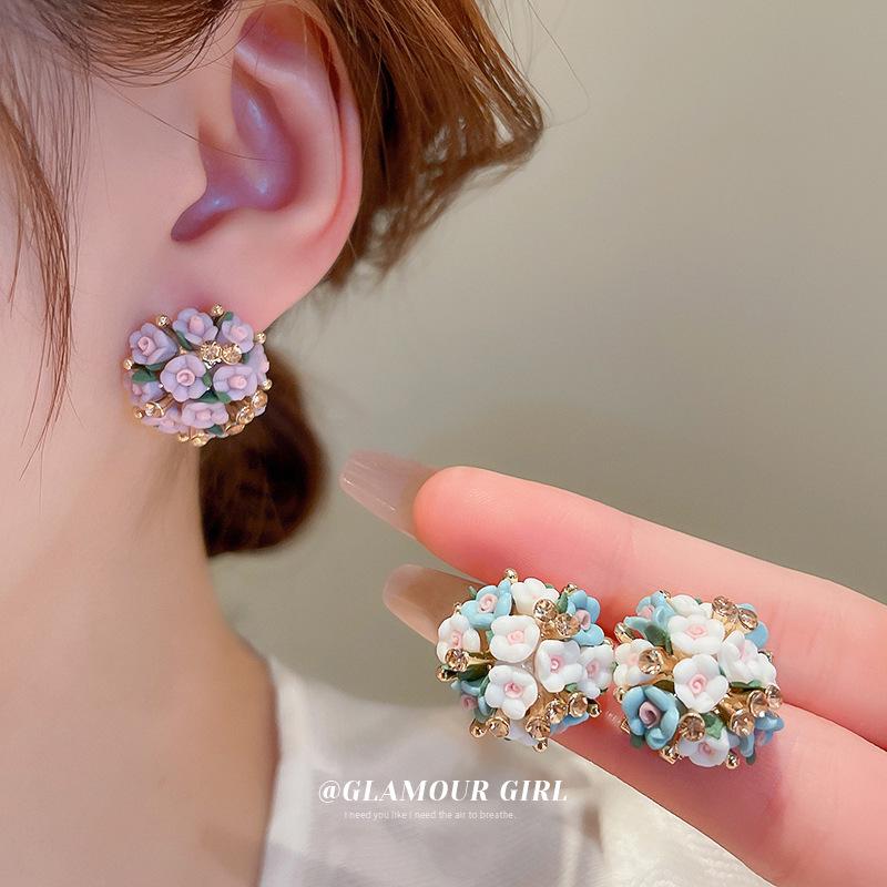 Silver Needle Diamond Ceramic Flower Cluster Earrings: Niche Fashion Fresh Studs