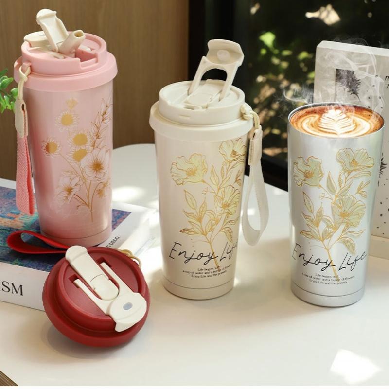 Taza Termo de 500ml Taza de Café Aislada Termo de Acero Inoxidable Taza Frío/Calor Taza de Doble Pared con Pajita Taza de Viaje Térmica para Hielo