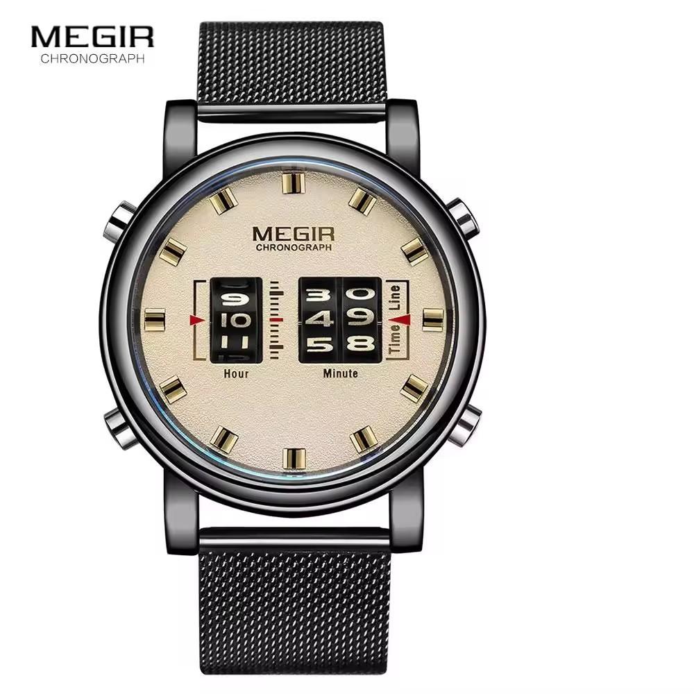 MEGIR 2137 Relojes Para Hombres Watches Men Military Sport Brown Leather Quartz Wrist Watch Luxury Drum Roller Relogio Masculino