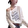[Lazy cotton 65 cotton 35 polyester] Slant neck off-the-shoulder letter printed T-shirt loose and versatile long-sleeved autumn bottoming shirt