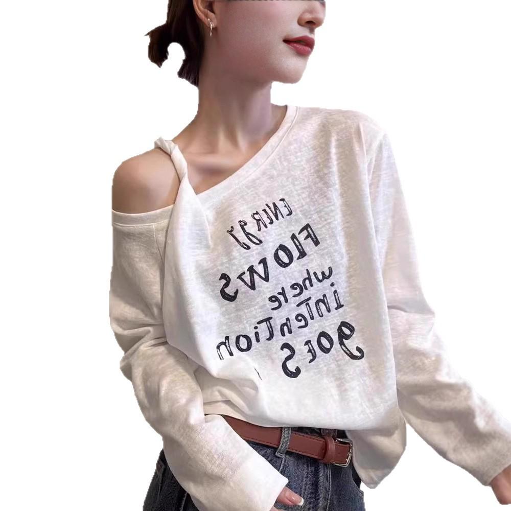 [Lazy cotton 65 cotton 35 polyester] Slant neck off-the-shoulder letter printed T-shirt loose and versatile long-sleeved autumn bottoming shirt