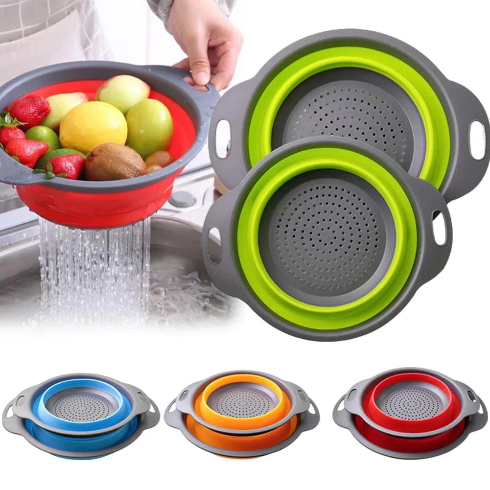 Zusammenklappbarer Abtropfkorb aus Silikon, Waschkorb für Obst und Gemüse, faltbares Sieb, Sieb, zusammenklappbares Abtropfgestell, Aufbewahrungswerkzeug für die Küche