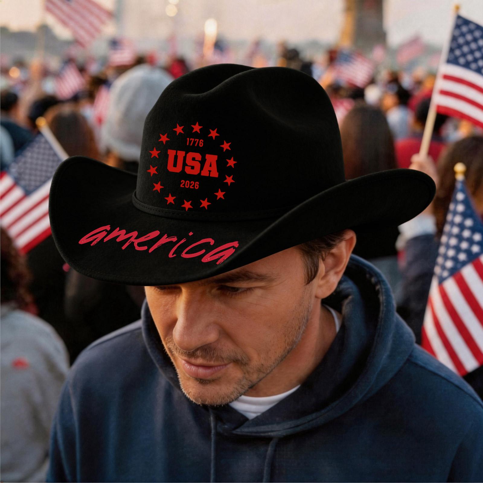 

Unisex Casual Vintage Style Anniversary Print Denim Cowboy Hat with USA Star Pattern and Wide Brim for Outdoor Use One Size чёрный