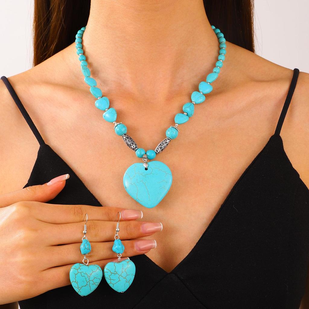 Vintage Turquoise Patchwork Necklace & Heart Earrings Bohemian Jewelry Set