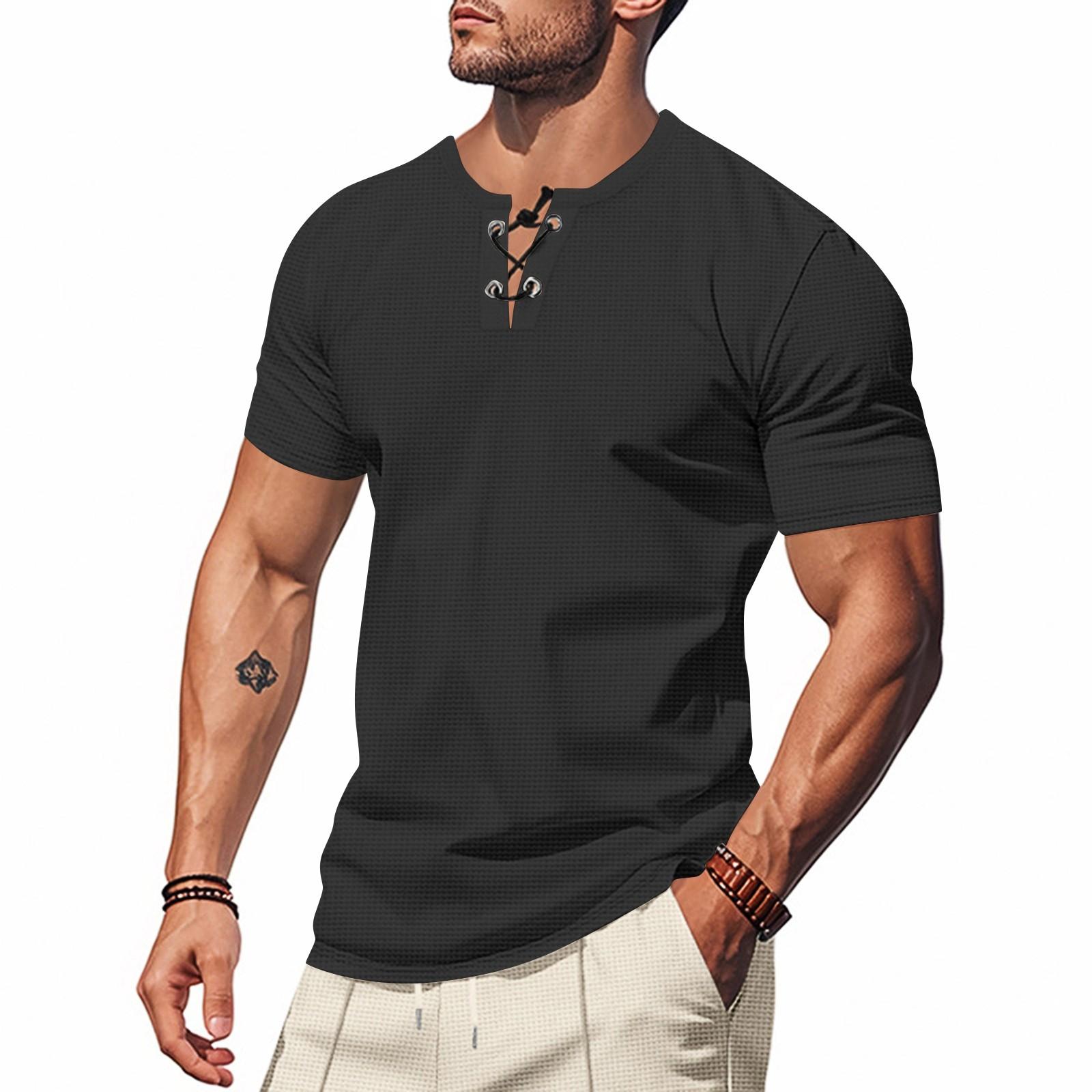 

Мужская однотонная рубашка с короткими рукавами, завязывающаяся на шнурок, в спортивном стиле, повседневная L чёрный