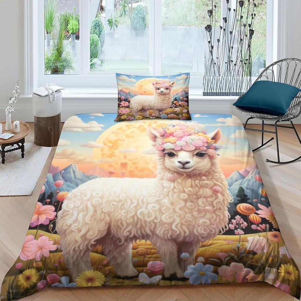 Alpaca 3D Printed Cloud Animal Duvet Cover Queen Size Cotton Comforter Bedding Set 3 Pcs With Pillowcases For Kids And Adults