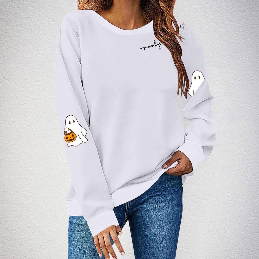 Women's Halloween Ghost Print Fleece Lined Crew Neck Sweatshirt, European Sizes S-3XL - Long Sleeve Casual Sportswear