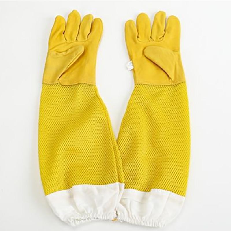 Beekeeping Protective Gloves, Beekeeper Sleeves Breathable Anti Bee Cloth, Apiculture Sheepskin Long Yellow Mesh Gloves 1Pair