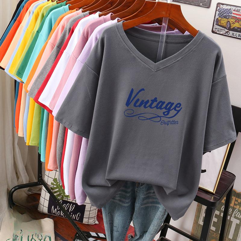 Dámské tričko s krátkým rukávem, Velká velikost, Volné a zeštíhlující, Potištěný top s výstřihem do V