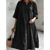 Women's Mid-Length V-Neck Cotton-Linen Dress with Short Sleeves and Three-Button Pockets