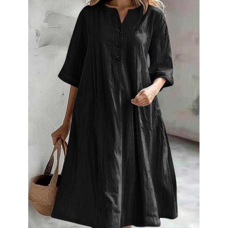 Women's Mid-Length V-Neck Cotton-Linen Dress with Short Sleeves and Three-Button Pockets