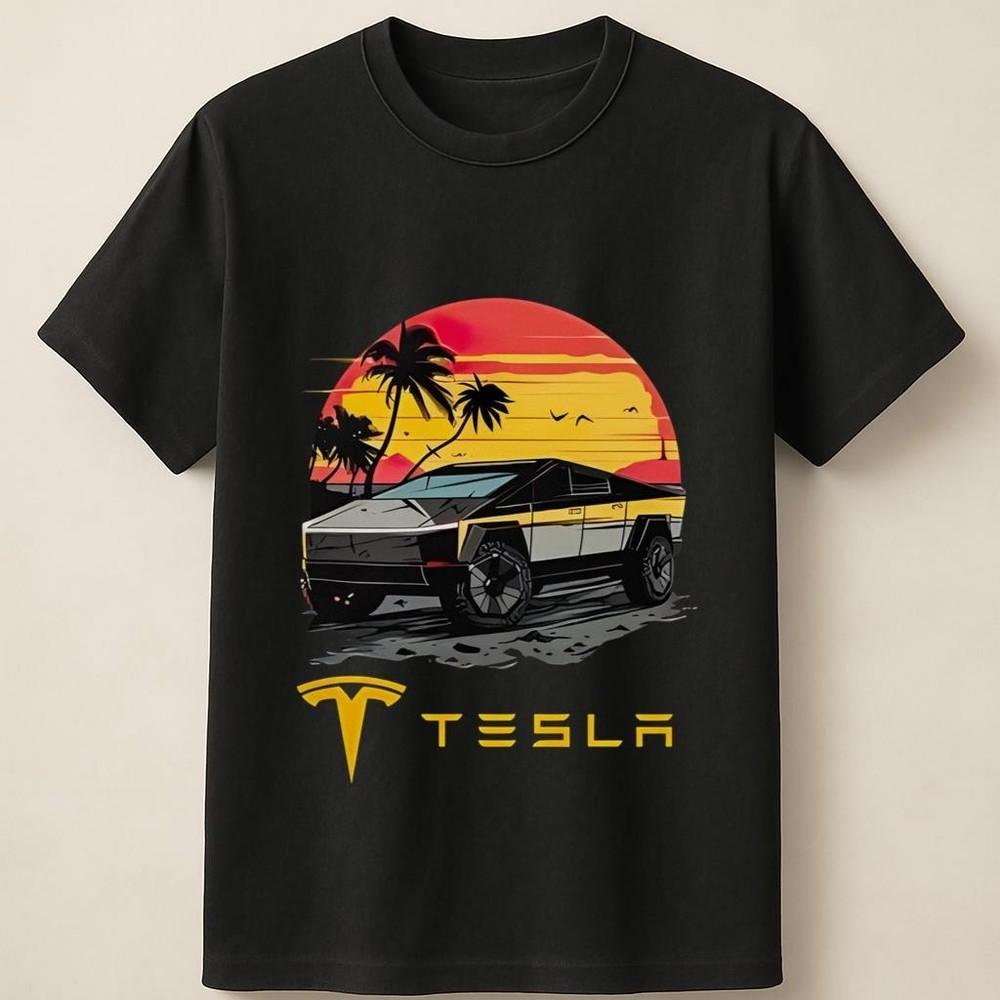 Tesla Cybertruck with Tropical Vibes and Bold Sunset Silhouette Unisex T Shirt Unisex T-Shirt L