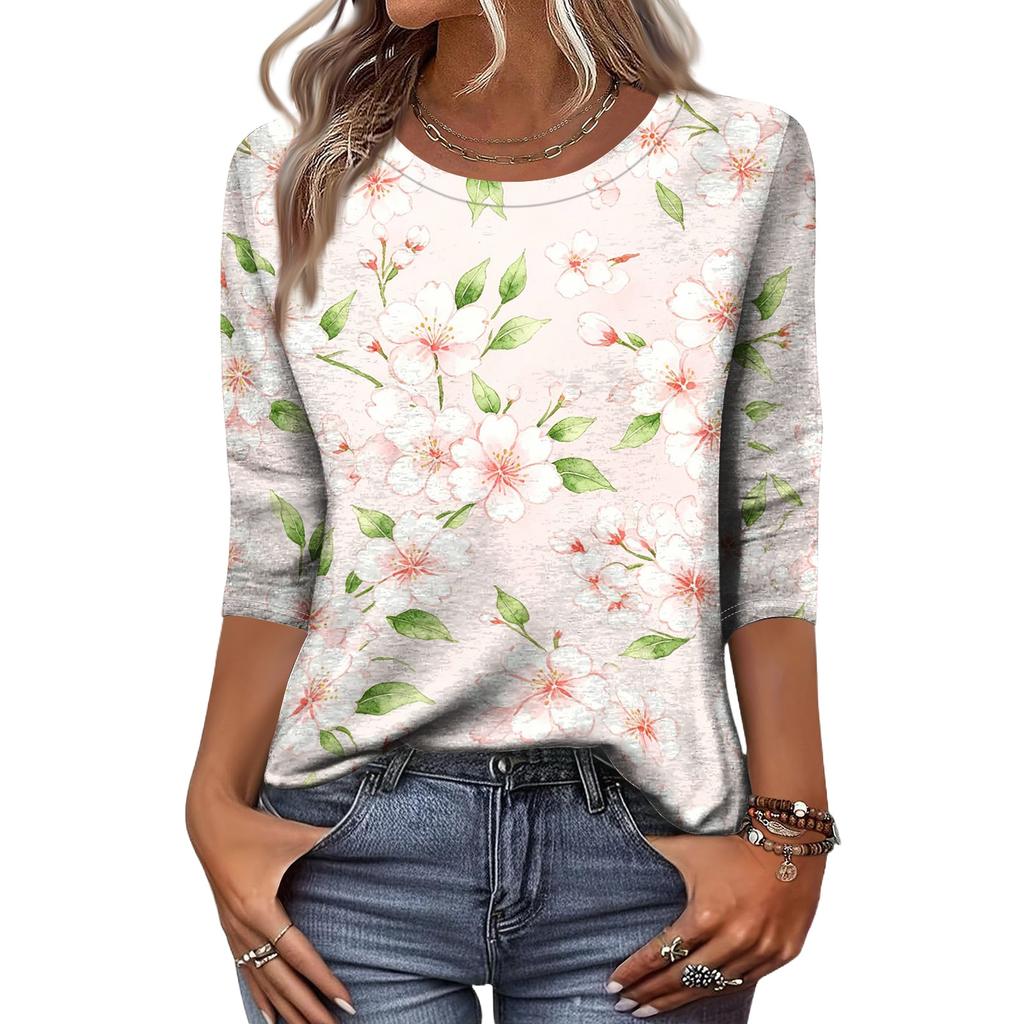 Women’s Casual Floral Print Crew Neck Top with Three Quarter Sleeves Relaxed Fit Lightweight Blouse for Everyday Wear
