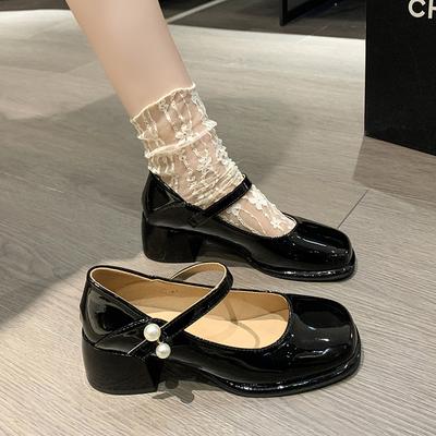 Mary Jane 2025 Summer New Women's Shallow Mouth Pearl Belt Thick Heel Small Leather Shoes Platform High Heels Single Shoes