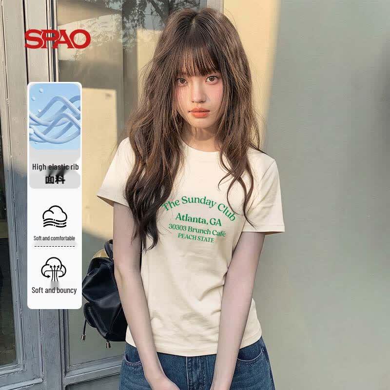 SPAO Women s Retro Letter Round Neck Cotton T-Shirt S