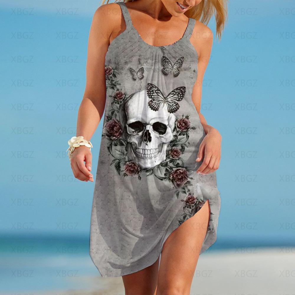 3D Digital Print Party Dress Boho Sexy Woman Summer Skeleton Flower Beach Slip Dress