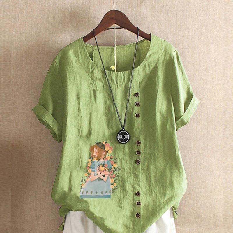 

Женская мода футболка с коротким рукавом и круглым вырезом, повседневная хлопковая льняная рубашка с рисунком, свободная Свободная летняя блузка с принтом для девочек, топы больших размеров 5XL зелёный
