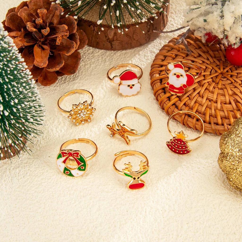 SHIXIN 7Pcs/Set Rhinestones Snowflake Christmas Tree Santa Claus Rings Women Cute Adjustable Knuckle Rings New Year Jewelry 2026