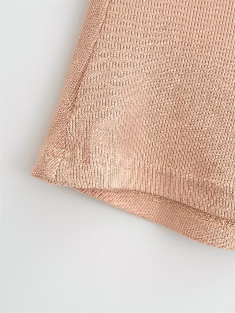 Trendy Women's Ribbed Slim Fit Short Sleeve T-Shirt with Sexy Round Neck and Straight Shoulders.