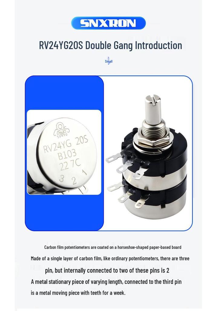 Dual-Gang Carbon Film Potentiometer: RV24YG20S, Variable Frequency Speed Control with B102/202/502 Knob Scale, Available In 5K/20K Ohm.