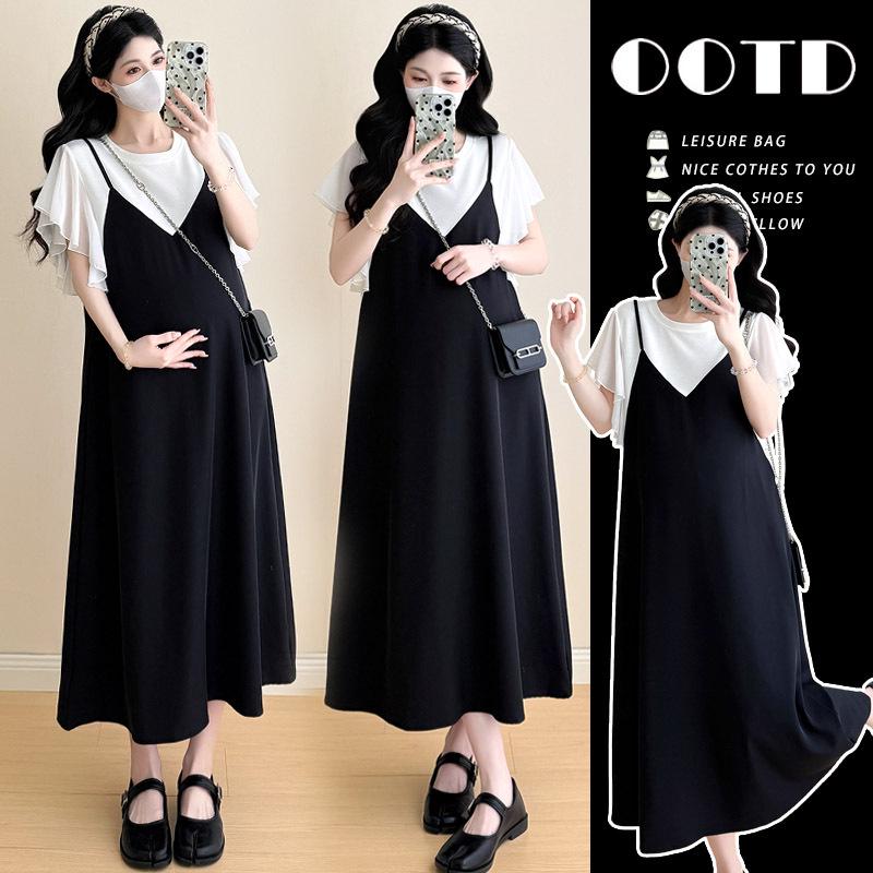 2026 Korean Style Maternity Dress - Short Sleeve Patchwork Two-Piece Skirt 2XL