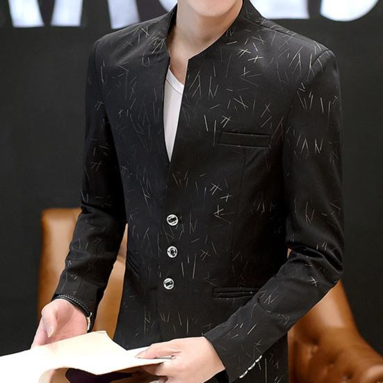 Herrkavaj Vintage Tryck Koreansk Stil Vår Höst Ståkrage Fickor Knappar Kavaj för Affärer