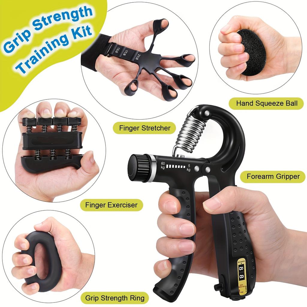 Grip Trainer Kit (Pack of 5) with Finger Exerciser, Grip Enhancer, Hand Extender, Hand Strength Ball, and Forearm Exercise Ring for Muscle Building