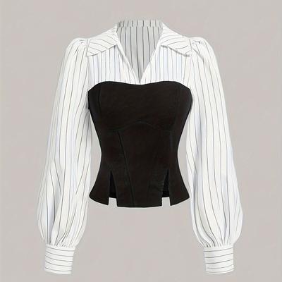 Damenmode Gestreiftes Gespleißtes Revershemd Eleganter Modestil Business Casual Bürokleidung