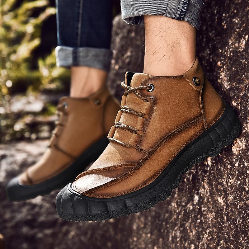 Men'S Casual Shoes Retro Winter Plush Ankle Boots Lace-Up Genuine Leather Outdoor Men'S Boots High Quality Antiskid Cowboy Botas