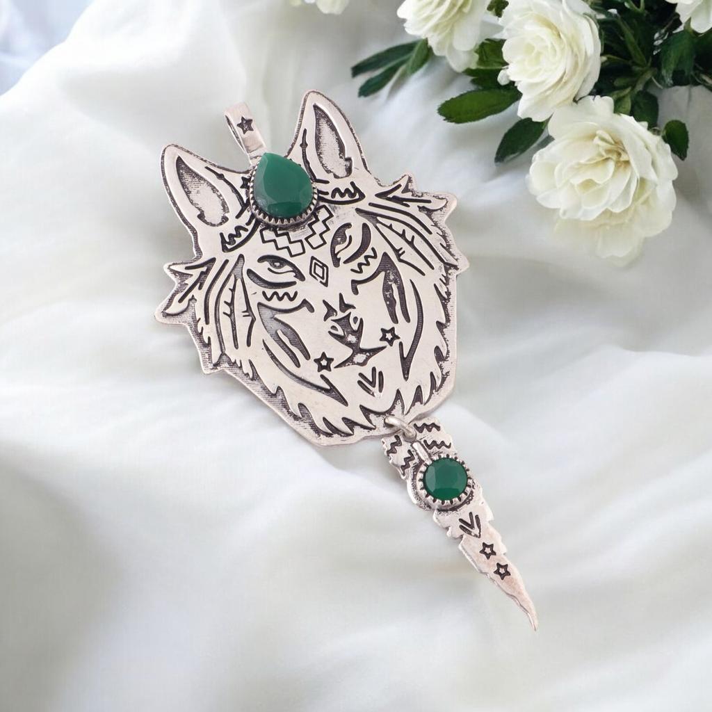 925 Sterling Silver Natural Green Onyx Gemstone Handcrafted Pendant 4" For Gift CP-26-17