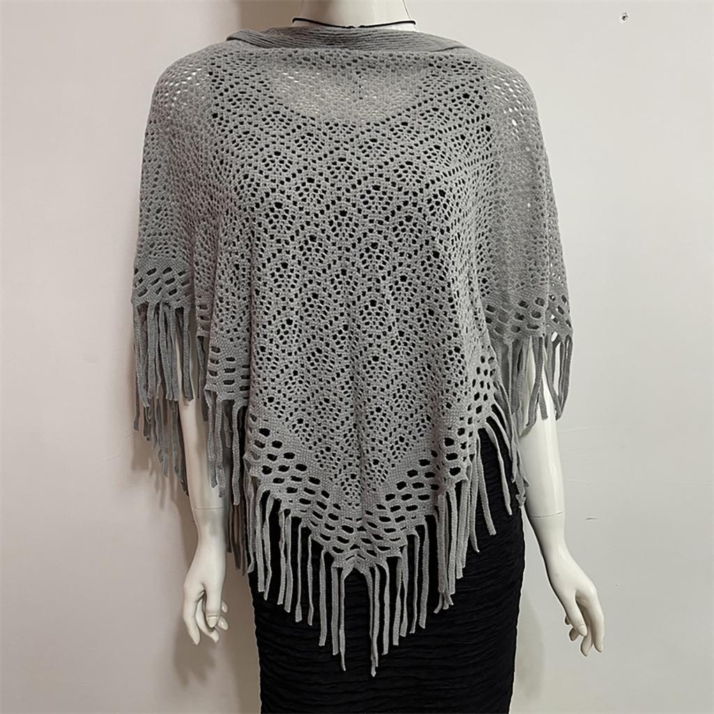 Women's Hollowed Knitted Triangular Scarf Imitation Cashmeres Soft Winter Shawl Wrap Neckerchief Blanket with Fringes