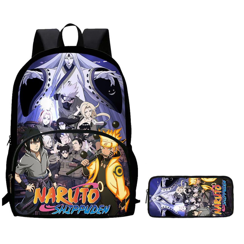 2Pcs Set Kids Backpack with Front Pocket & Pencil Bag, Cartoon NARUTO School Bags for Boys&Girls Aged 6-10, Durable& Lightweight