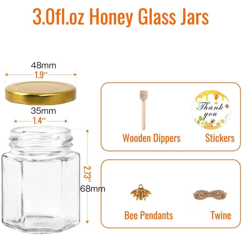 3oz Mini Honey Jars Hexagon Glass Jars with Wood Dippers Gold Lids Bee Pendants Jutes Stickers for Wedding Favors Party Favor