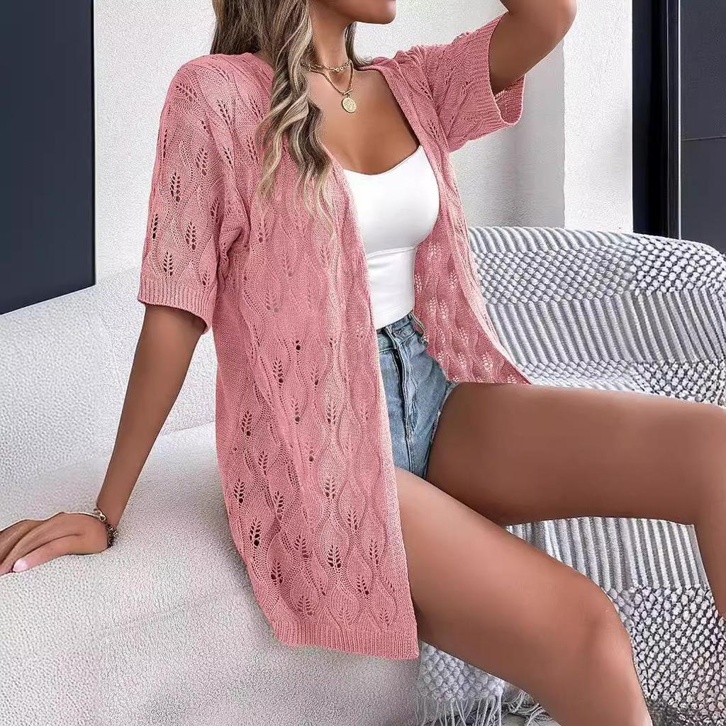 Damen Frühling Sommer Solide Check Pullover Strickjacke Elegante V-Ausschnitt Lose Strickoberteile