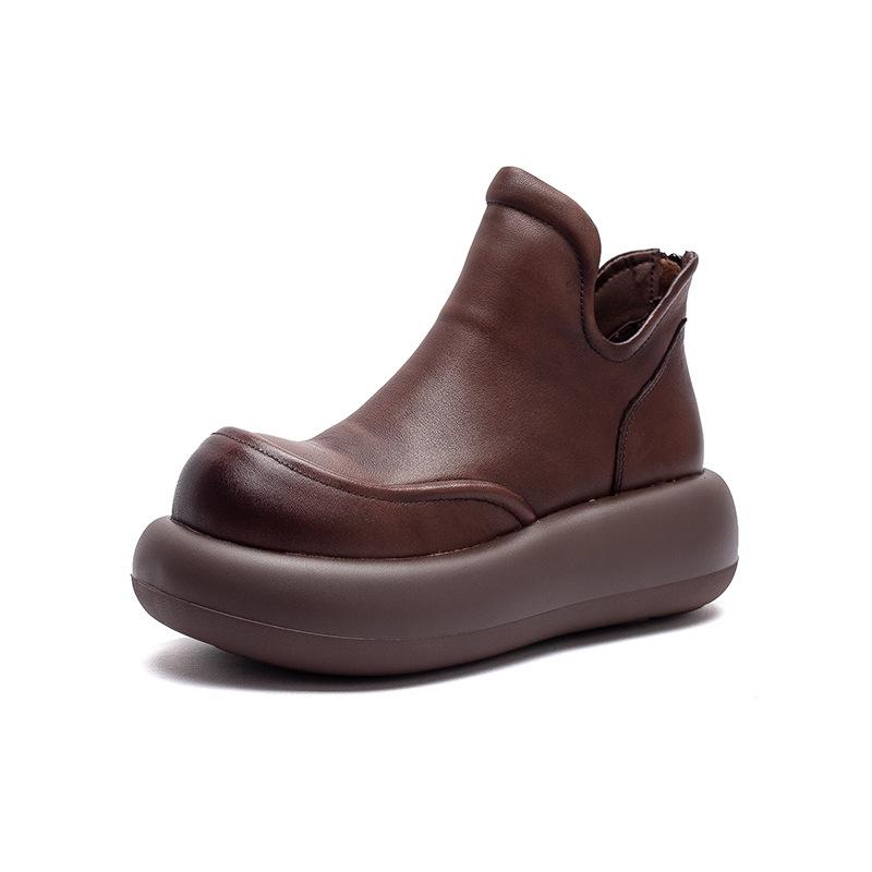 Fashion GKTINOO 2025 Autumn New Genuine Leather Thick Soled Ankle Boots Retro Round Toe Height Increasing Women's Platform Shoes