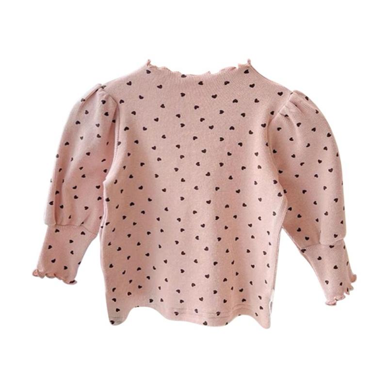 Baby Girl Long Sleeved Top Children's T-Shirt Puff Sleeve Heart-Shaped Printed Kids Top