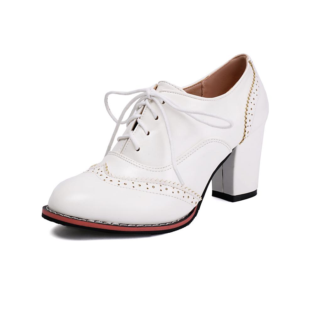 Fashion 2025 Women Pumps Round Toe Thick High Heels Platform Brogue Student Carved Retro Lace-Up Classic Spring Office Lady Lace Up Shoe