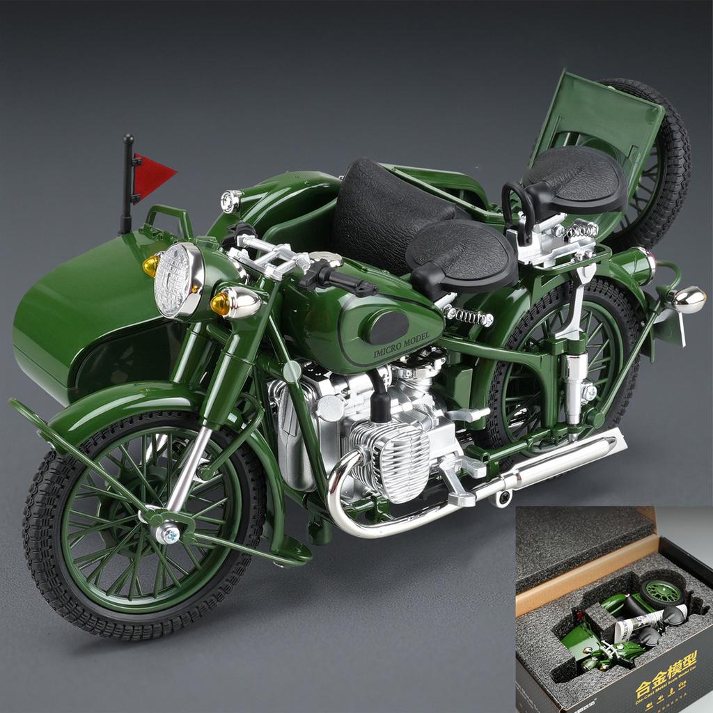 1/10 Legierung Retro Dreirad Beiwagen Motorrad Modell Druckguss Metall Klassisches Militär Motorrad Modell Sound und Licht Kinderspielzeug Geschenk