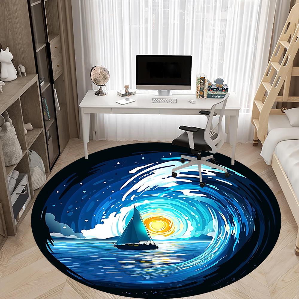 1pc Sailboat Sunset Office Round Area Rug, Indoor Mat Suitable ForOffice, Under Office Chairs Bedroom Living Room Home Decor, Room Deco  D064