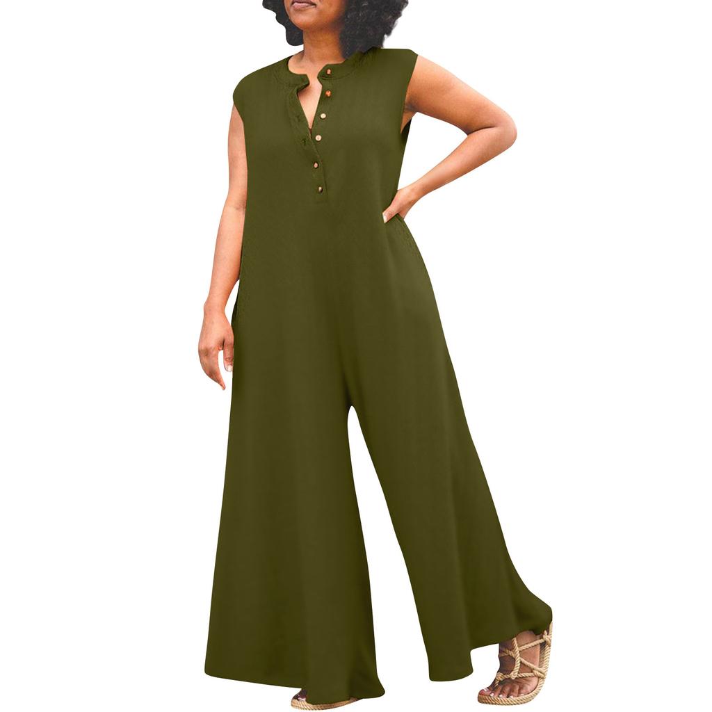 Mono largo de pierna ancha para mujer, pantalón informal, holgado, de Color sólido, con botones, temperamento, pantalones de pierna ancha informales para playa
