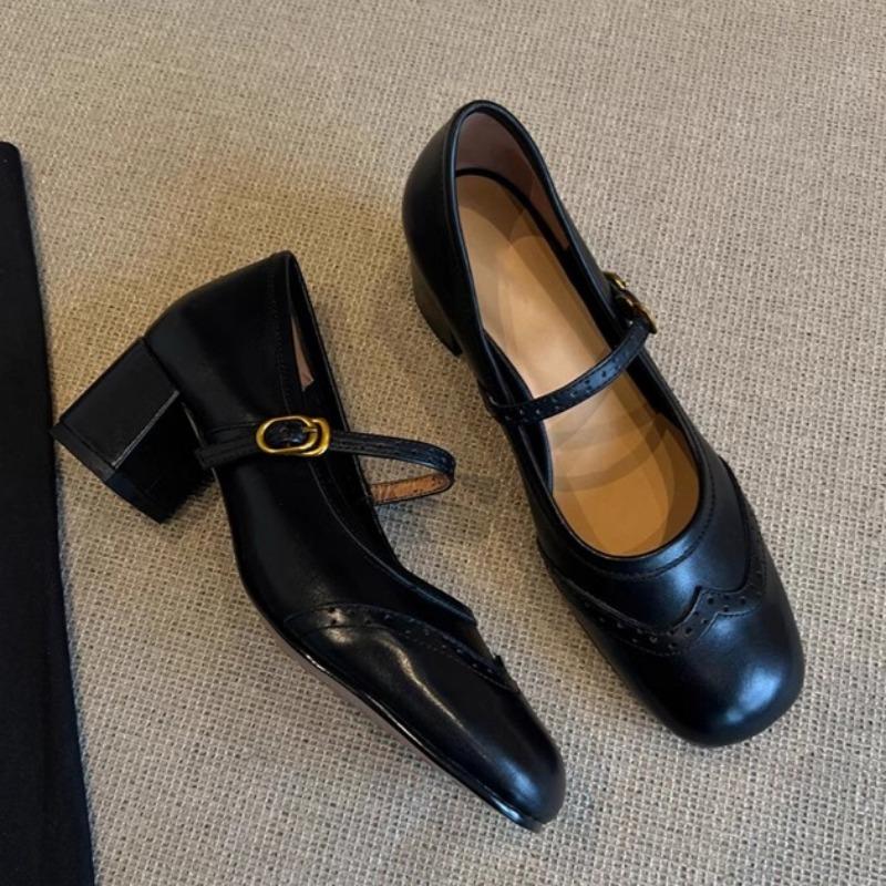 Fashion Ballet Marie Janes High Heels Shoes Women Square Toe Sandals Summer 2025 Shallow Retro Dress Trend Soft Leather Chunky Pumps