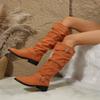 Fashion Women's Chunky Heeled Long Pleated Boots Comfortable Slip On Boots Woman Autumn Winter Thick Heel Belt Buckle Knee High Booties