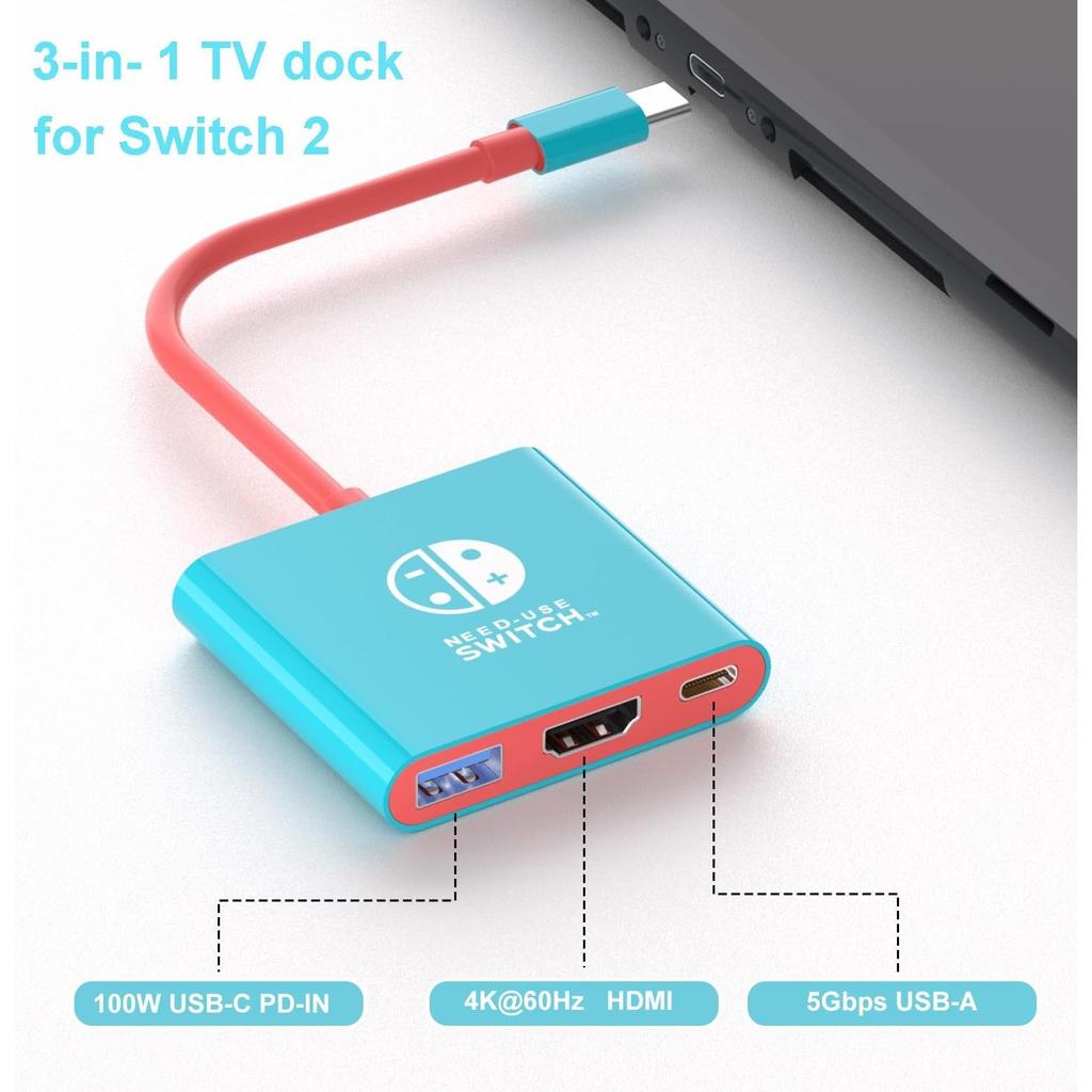 Portable TV Dock Station for Switch/Switch 2/Steam Deck/ROG Ally/Legion GO, 3-in-1 Switch 2 Travel Dock with HDMI 4K@60Hz, USB 3.0 100W PD Port