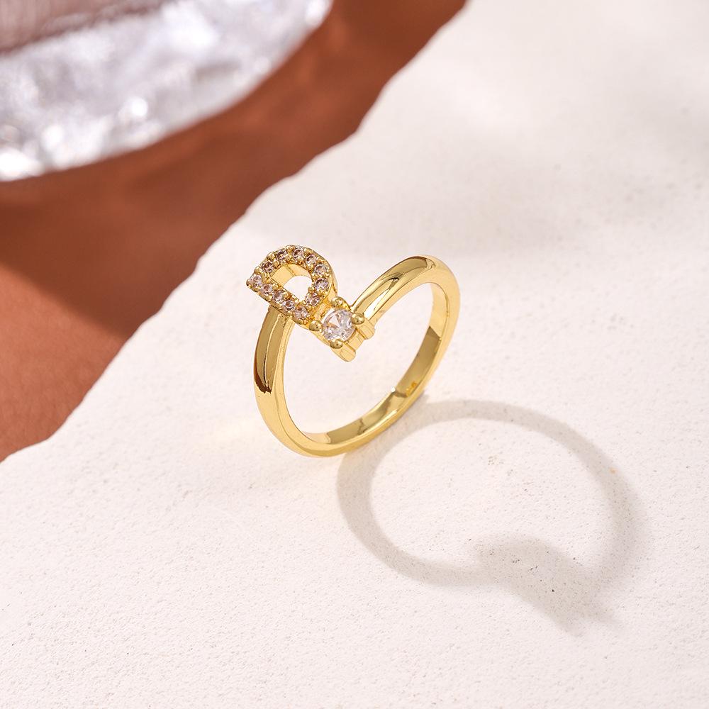 Copper Inlaid Zircon Alphabet Ring: Women's Fashionable Adjustable Open Ring