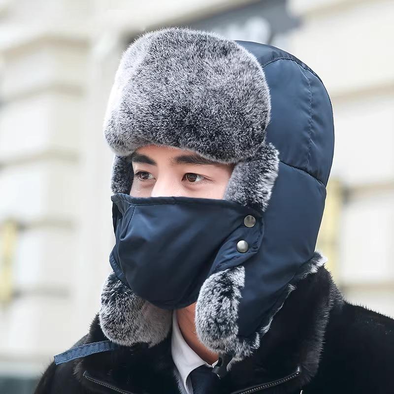 Rex Rabbit Hair Lei Feng Hat Unisex Autumn and Winter Thickened Warm Real Fur Northeast Cold Cotton Hat Mask Elderly