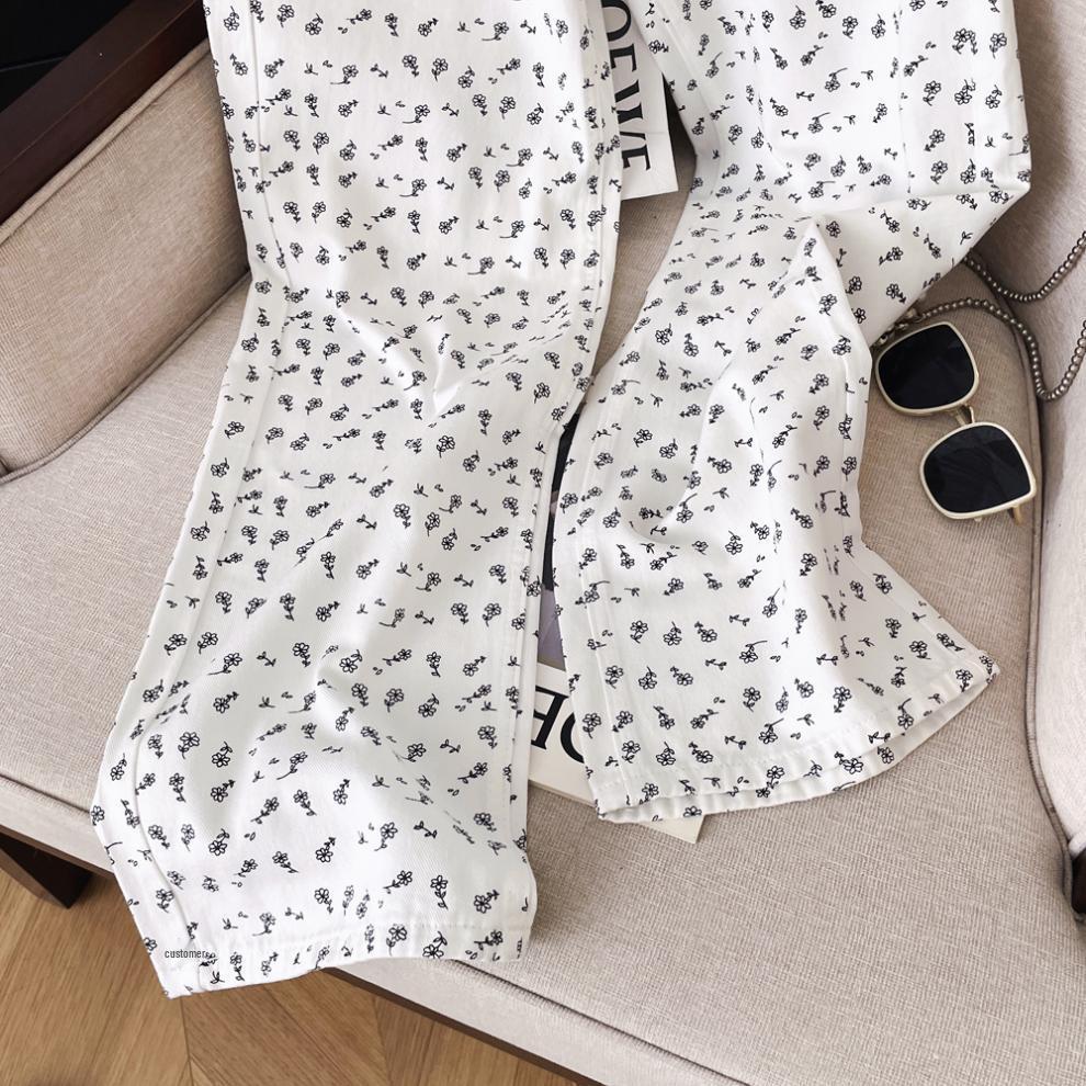 Spring/Summer Korean Style High Waist Floral White Wide-Leg Denim Pants for Women