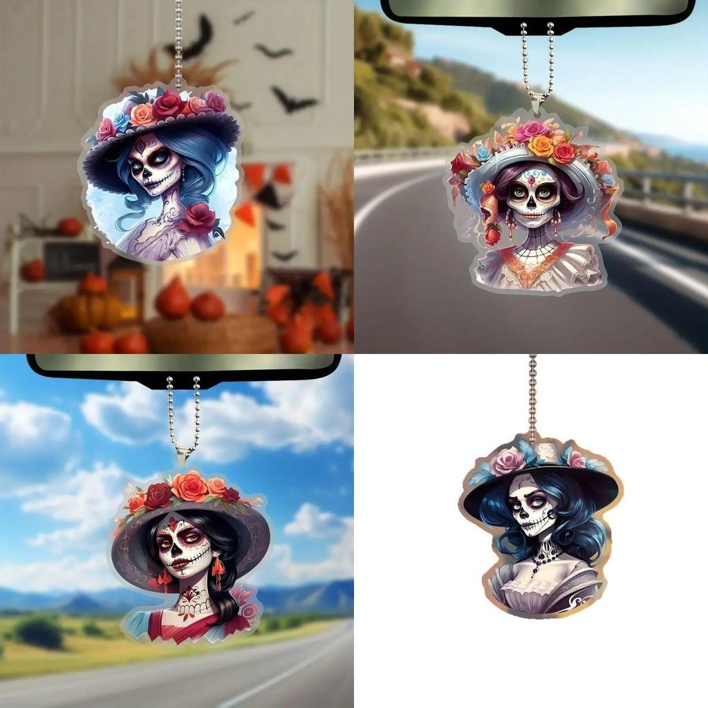 Decor Car Acrylic Halloween Skull Flower Hat Design Pendant For Interior Auto