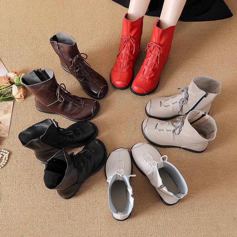 Women's Genuine Leather Snow Boots With Zipper Non-Slip Winter Warm Ankle Booties With Faux Fur Lined Comfortable Walking Short Boot Shoes for Women