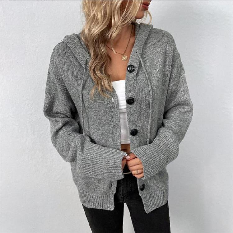 Women's Hooded Jacket with Solid Color Knitted Cardigan Drawstring
